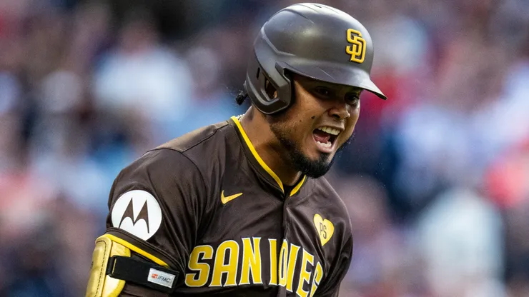 Luis Arraez #4 of the San Diego Padres reacts to his line out to right field during the fifth inning of the game against the Cleveland Guardians at Progressive Field on July 19, 2024 in Cleveland, Ohio.