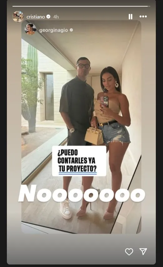 Georgina posts on her Instagram stories the particular question about Cristino Ronaldo’s new project. Via Instagram