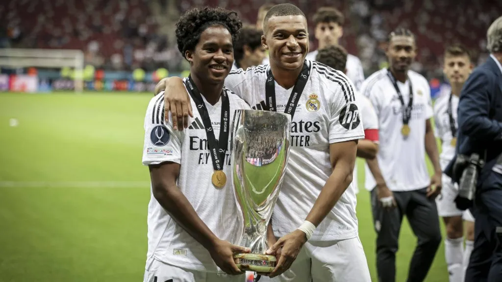 Kylian Mbappe and Endrick, Real Madrid celebrate victory after the UEFA Super Cup 2024. IMAGO /&nbsp;PanoramiC