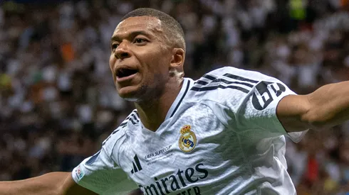 Mbappe celebrates his goal for Real Madrid vs Atalanta at the 2024 UEFA Super Cup.