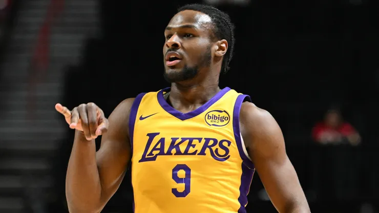 Bronny James Jr. #9 of the Los Angeles Lakers reacts to scoring on the Cleveland Cavaliers in the first half of a 2024 NBA Summer League game at the Thomas & Mack Center on July 18, 2024.