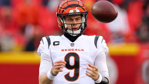 Joe Burrow #9 of the Cincinnati Bengals warms up prior to the AFC Championship Game against the Kansas City Chiefs at GEHA Field at Arrowhead Stadium on January 29, 2023 in Kansas City, Missouri.