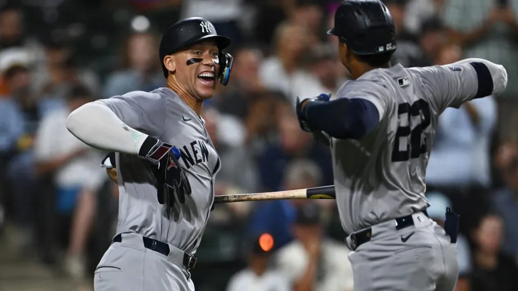 Aaron Judge #99 and Juan Soto #22 of the New York Yankees celebrate after Soto’s solo home run in the fifth inning off Jonathan Cannon of the Chicago White Sox (not pictured) at Guaranteed Rate Field on August 13, 2024 in Chicago, Illinois. (Photo by Quinn Harris/Getty Images)