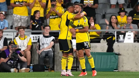 Diego Rossi (10) celebrates one of his two goals in Columbus Crew's victory.
