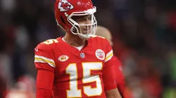 Patrick Mahomes #15 of the Kansas City Chiefs looks on during his warm up prior to the NFL match between Miami Dolphins and Kansas City Chiefs at Deutsche Bank Park on November 05, 2023 in Frankfurt am Main, Germany.