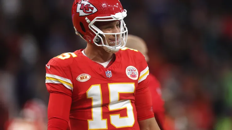 Patrick Mahomes #15 of the Kansas City Chiefs looks on during his warm up prior to the NFL match between Miami Dolphins and Kansas City Chiefs at Deutsche Bank Park on November 05, 2023 in Frankfurt am Main, Germany.