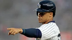 Juan Soto #22 of the New York Yankees reacts after reaching first base on a fielders choice in the bottom of the first inning during the game against the Los Angeles Angels at Yankee Stadium.