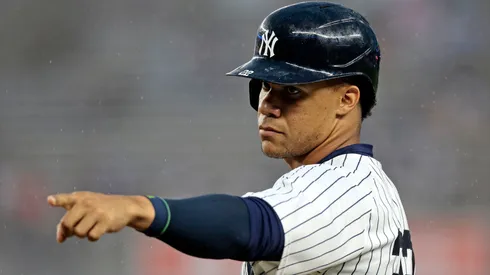Juan Soto #22 of the New York Yankees reacts after reaching first base on a fielders choice in the bottom of the first inning during the game against the Los Angeles Angels at Yankee Stadium.