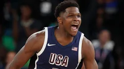 Anthony Edwards #5 of Team United States reacts after a dunk during the Men's Gold Medal game between Team France and Team United States on day fifteen of the Olympic Games Paris 2024 at Bercy Arena on August 10, 2024 in Paris, France.