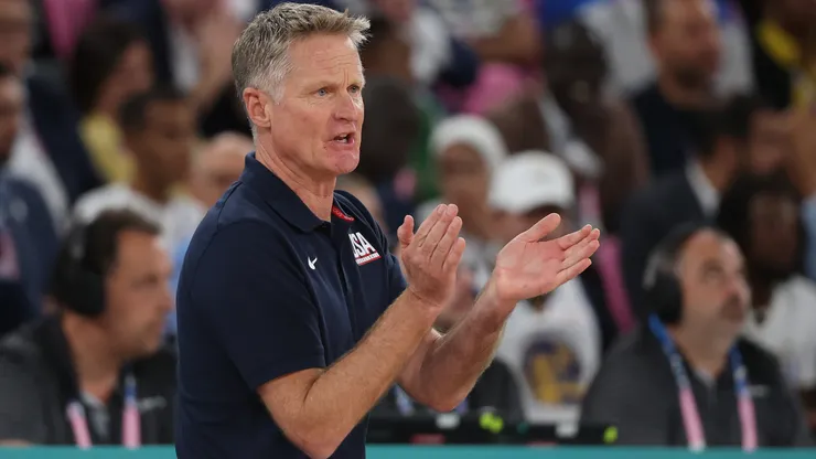 Head coach Steve Kerr of Team United States reacts during the Men's Gold Medal game between Team France and Team United States