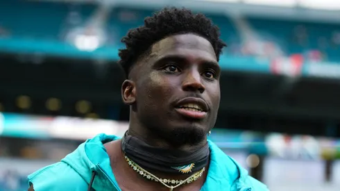 Tyreek Hill #10 of the Miami Dolphins looks on prior to a preseason game against the Atlanta Falcons at Hard Rock Stadium on August 09, 2024 in Miami Gardens, Florida.