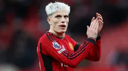 Alejandro Garnacho of Manchester United applauds the fans at full-time following the teams victory in the Premier League match between Manchester United and West Ham United
