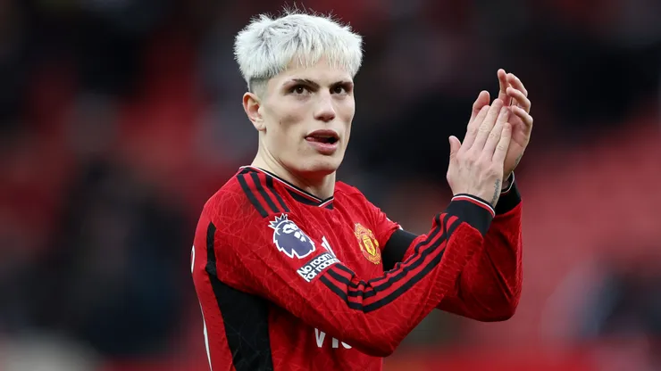 Alejandro Garnacho of Manchester United applauds the fans at full-time following the teams victory in the Premier League match between Manchester United and West Ham United