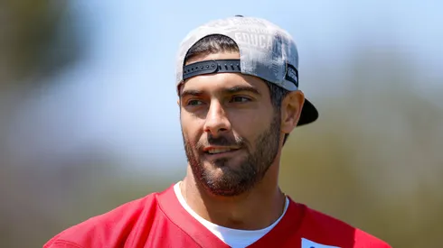 Los Angeles Rams quarterback Jimmy Garoppolo (11) smiles during training camp at Loyola Marymount University on July 26, 2024 in Los Angeles, CA.