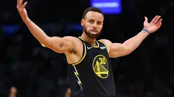 Stephen Curry #30 of the Golden State Warriors celebrates a three point basket in the third quarter against the Boston Celtics during Game Four of the 2022 NBA Finals at TD Garden on June 10, 2022 in Boston, Massachusetts.