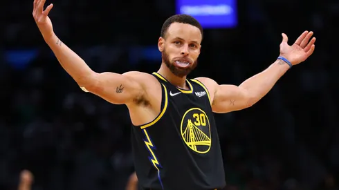 Stephen Curry #30 of the Golden State Warriors celebrates a three point basket in the third quarter against the Boston Celtics during Game Four of the 2022 NBA Finals at TD Garden on June 10, 2022 in Boston, Massachusetts.