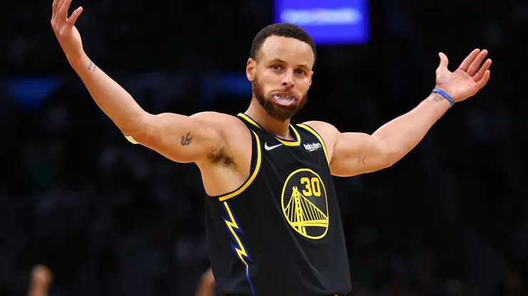 Stephen Curry #30 of the Golden State Warriors celebrates a three point basket in the third quarter against the Boston Celtics during Game Four of the 2022 NBA Finals at TD Garden on June 10, 2022 in Boston, Massachusetts.