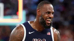 LeBron James #6 of Team United States reacts after his team's victory against Team France during the Men's Gold Medal game