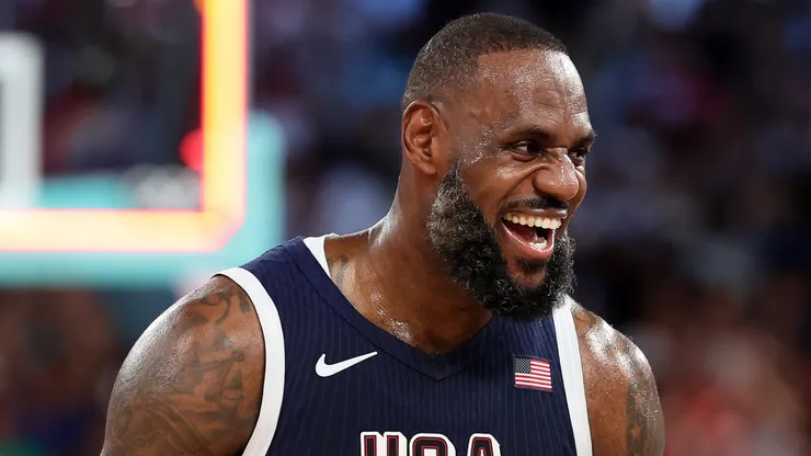 LeBron James #6 of Team United States reacts after his team's victory against Team France during the Men's Gold Medal game