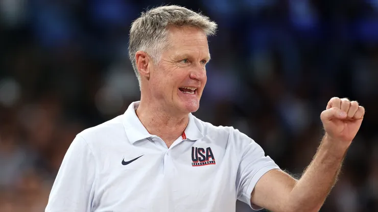 Head coach Steve Kerr of Team United States reacts during a Men's basketball quarterfinal game between Team United States and Team Brazil