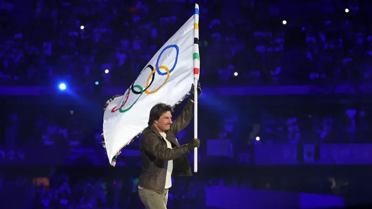 American Actor and Film Producer Tom Cruise carries the IOC Flag during the Closing Ceremony of the Olympic Games Paris 2024