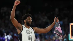 Joel Embiid #11 of Team United States celebrates after his team's win against Team Serbia during a Men's basketball semifinals match