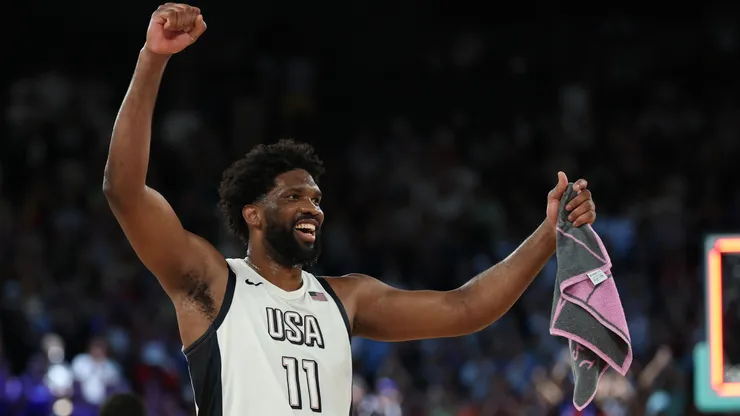 Joel Embiid #11 of Team United States celebrates after his team's win against Team Serbia during a Men's basketball semifinals match
