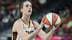 Caitlin Clark #22 of the Indiana Fever shoots a free throw against the Las Vegas Aces