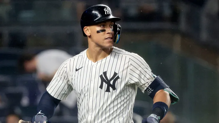 Aaron Judge #99 of the New York Yankees reacts after striking out in the bottom of the fourth inning during the game against the Los Angeles Angels at Yankee Stadium on August 8, 2024 in New York City.