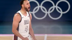 Stephen Curry #4 of Team United States reacts after a basket during a Men's basketball semifinals match between Team United States and Team Serbia on day thirteen of the Olympic Games Paris 2024 at Bercy Arena on August 08, 2024 in Paris, France.