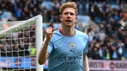 Kevin De Bruyne of Manchester City celebrates after scoring the team's second goal during the Premier League match between Manchester City and Liverpool FC at Etihad Stadium on April 01, 2023 in Manchester, England.