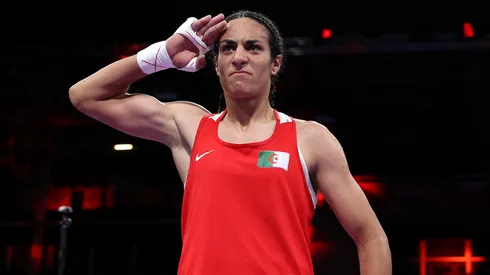 Imane Khelif of Team Algeria celebrates victory against Anna Luca Hamori of Team Hungary
