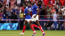 Jean-Philippe Mateta #14 of Team France celebrates scoring his team's third goal via penalty during the Men's Gold Medal match between France and Spain