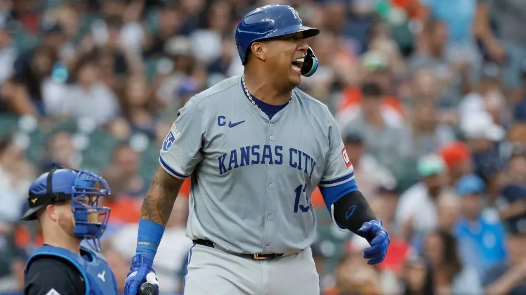 Salvador Perez #13 of the Kansas City Royals jokes with pitcher Tarik Skubal #29 of the Detroit Tigers after striking out during the sixth inning at Comerica Park on August 2, 2024 in Detroit, Michigan. (Photo by Duane Burleson/Getty Images)