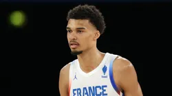 Victor Wembanyama #32 of Team France looks on during a Men's basketball semifinals match between Team France and Team Germany on day thirteen of the Olympic Games Paris 2024 at Bercy Arena on August 08, 2024 in Paris, France.