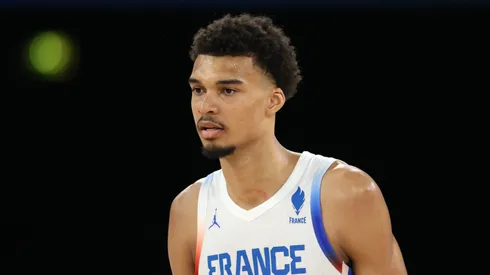 Victor Wembanyama #32 of Team France looks on during a Men's basketball semifinals match between Team France and Team Germany on day thirteen of the Olympic Games Paris 2024 at Bercy Arena on August 08, 2024 in Paris, France.