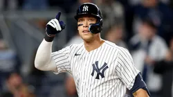 Aaron Judge #99 of the New York Yankees celebrates his solo home run in the fifth inning against the Cleveland Guardians at Yankee Stadium on April 22, 2022 in the Bronx borough of New York City.