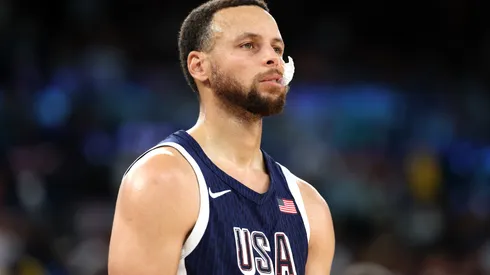 Stephen Curry #4 of Team United States looks on during a Men's basketball quarterfinal game between Team United States and Team Brazil on day eleven of the Olympic Games Paris 2024 at Bercy Arena on August 06, 2024 in Paris, France.