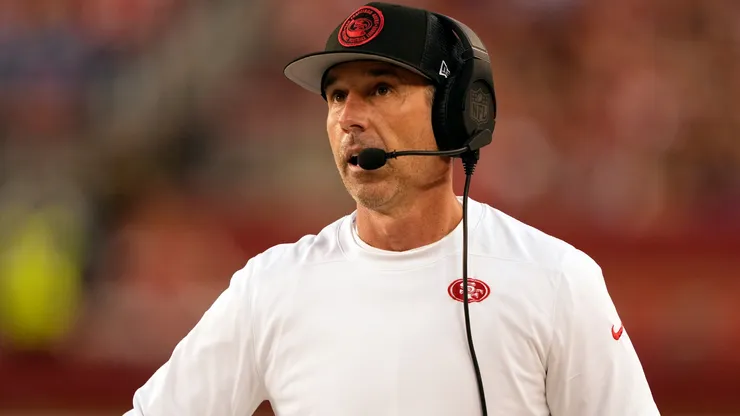 Head coach Kyle Shanahan of the San Francisco 49ers looks on during the third quarter against the Detroit Lions in the NFC Championship Game at Levi's Stadium on January 28, 2024 in Santa Clara, California.