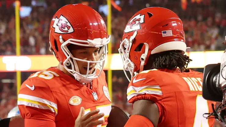 Rashee Rice #4 celebrates his second quarter touchdown with Patrick Mahomes #15 of the Kansas City Chiefs in their game against the Detroit Lions at GEHA Field at Arrowhead Stadium on September 07, 2023 in Kansas City, Missouri.
