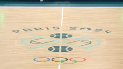 A view of the Olympic logo on center court during a Men's basketball quarterfinal game between Team United States and Team Brazil on day eleven of the Olympic Games Paris 2024