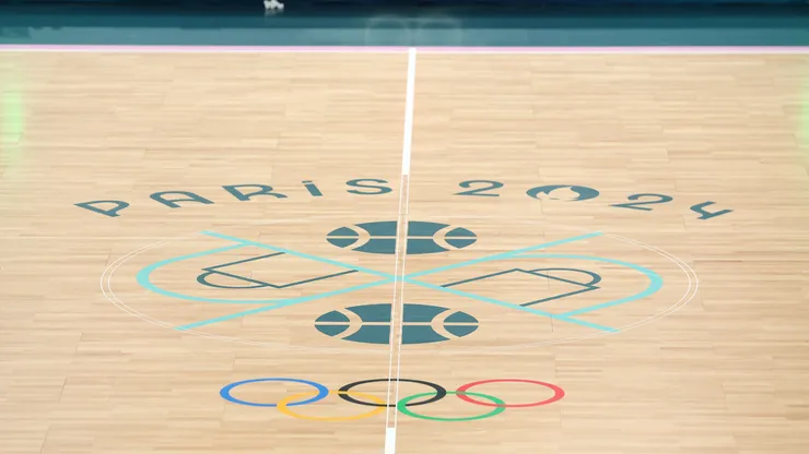 A view of the Olympic logo on center court during a Men's basketball quarterfinal game between Team United States and Team Brazil on day eleven of the Olympic Games Paris 2024