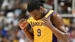 Bronny James Jr. #9 of the Los Angeles Lakers looks on during the second half of a 2024 NBA Summer League game against the Houston Rockets at the Thomas & Mack Center on July 12, 2024 in Las Vegas, Nevada. The Rockets defeated the Lakers 99-80.