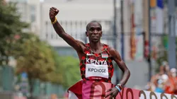 Eliud Kipchoge of Team Kenya crosses the finish line during the Men's Marathon Final on day sixteen of the Tokyo 2020 Olympic Games at Sapporo Odori Park on August 08, 2021 in Sapporo, Japan.