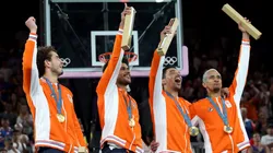Men's 3×3 basketball Gold medalists Jan Driessen, Dimeo van der Horst, Arvin Slagter, and Worthy de Jong of Team Netherlands celebrate during the medal ceremony for Men's 3×3 basketball.
