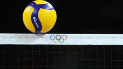 A detailed view as a volleyball crosses the net during a Men's Quarterfinal match between Team Germany and Team France.