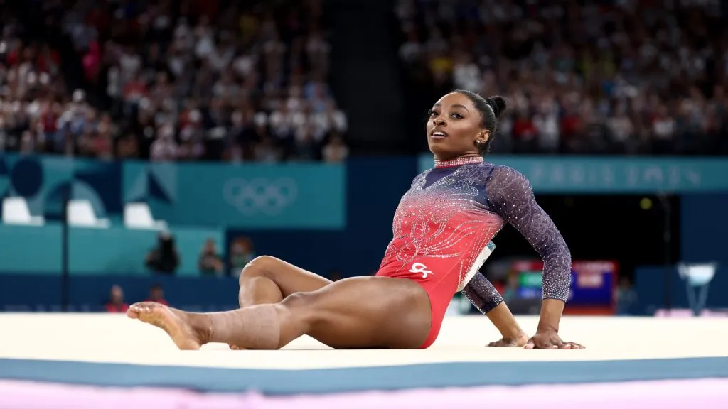 Simone Biles of Team United States competes in the Artistic Gymnastics Women’s Floor Exercise Final. Naomi Baker/Getty Images