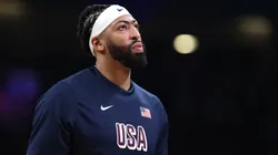 Anthony Davis #14 of Team United States looks on during a Men's Group Phase - Group C game between the United States and South Sudan.