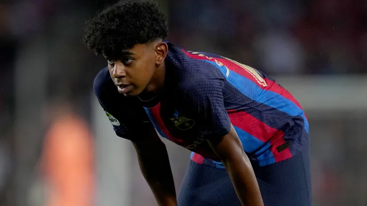Lamine Yamal looks on during the La Liga Santander match between FC Barcelona and Real Betis at Spotify Camp Nou on April 29, 2023 in Barcelona, Spain.