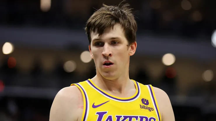 Austin Reaves #15 of the Los Angeles Lakers waits for a free throw during a game against the Milwaukee Bucks.